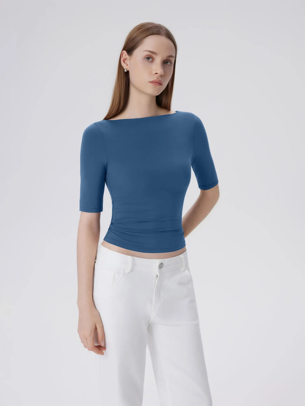Tight Fitted Half Sleeve Boat Neck Shirt