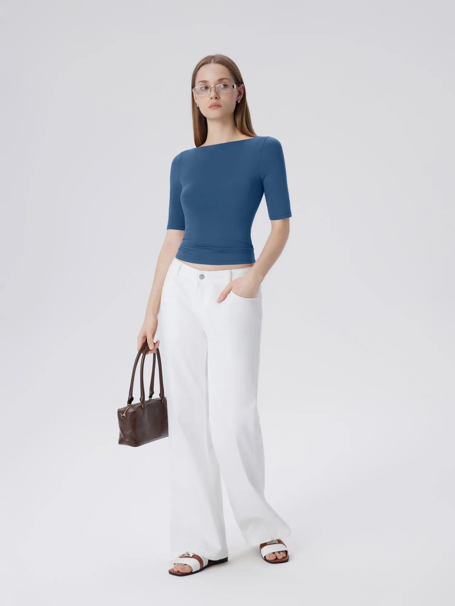 Tight Fitted Half Sleeve Boat Neck Shirt