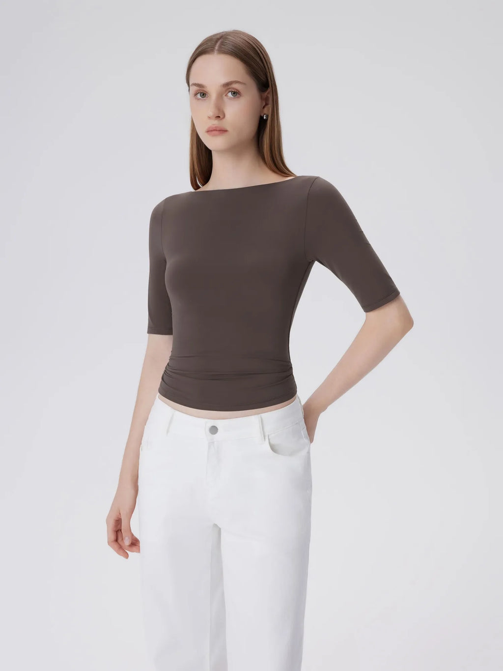 Tight Fitted Half Sleeve Boat Neck Shirt