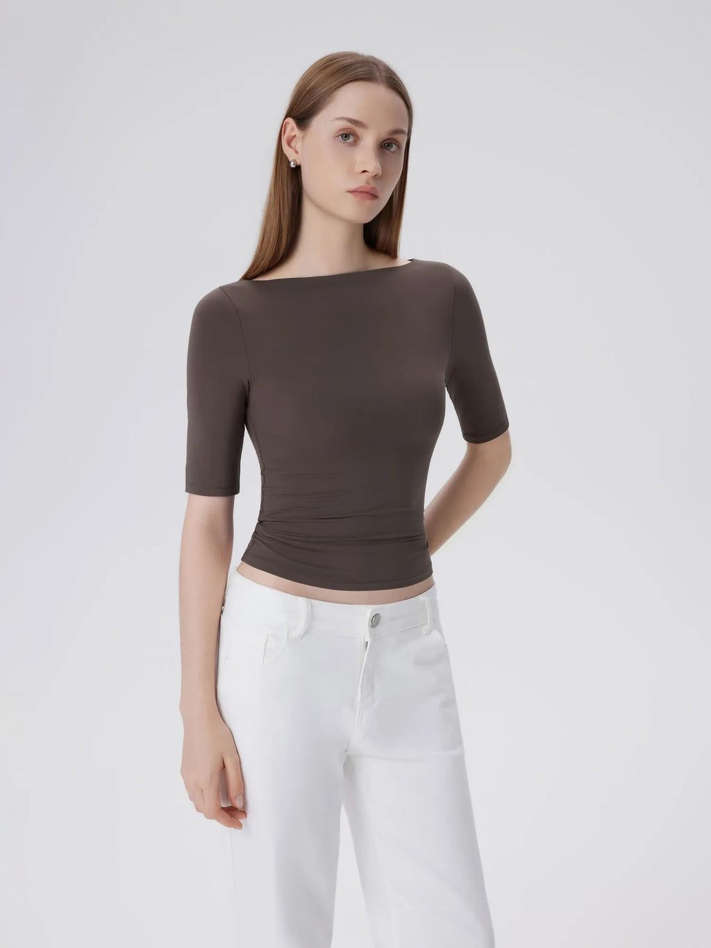 Tight Fitted Half Sleeve Boat Neck Shirt