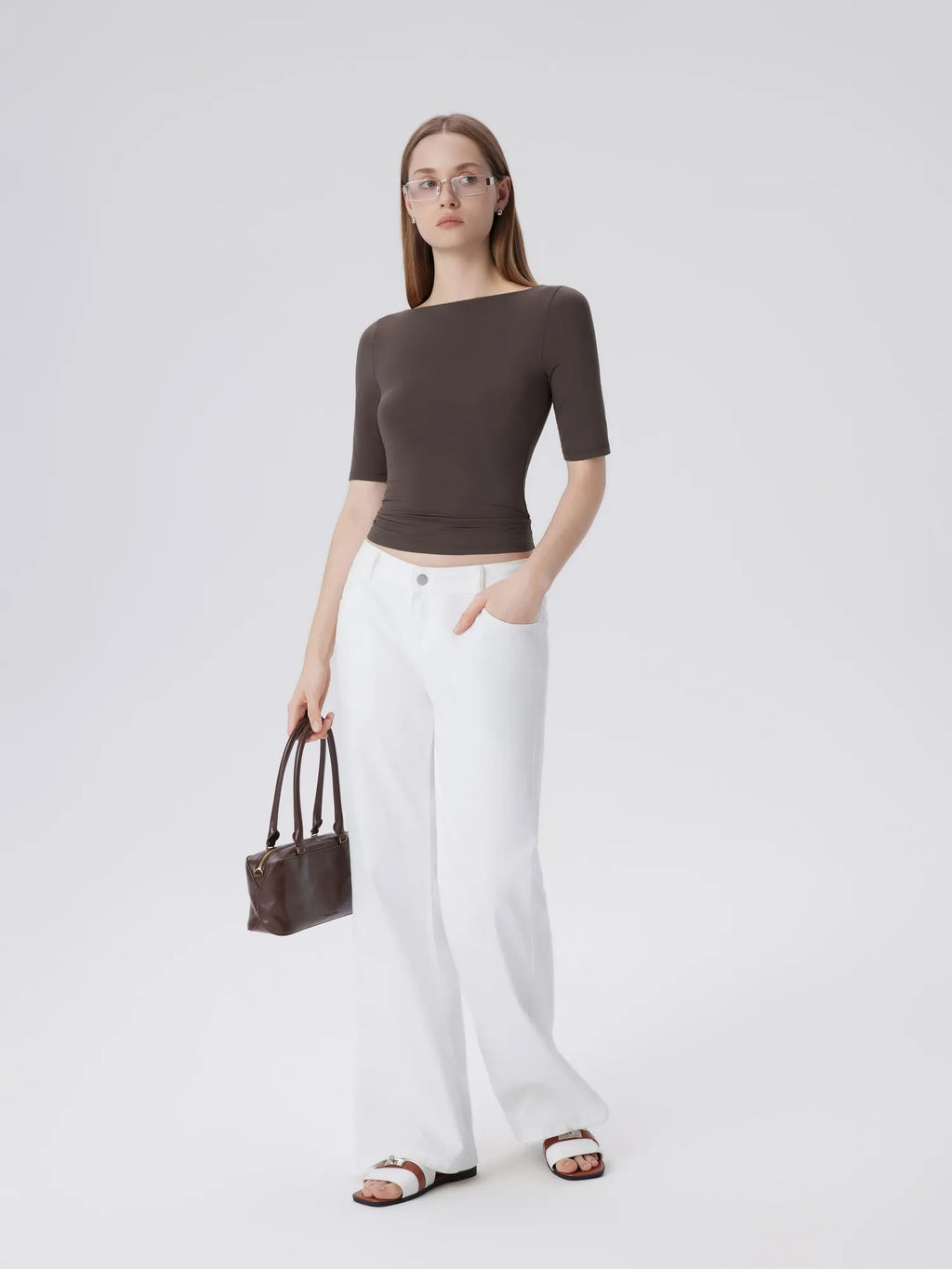 Tight Fitted Half Sleeve Boat Neck Shirt