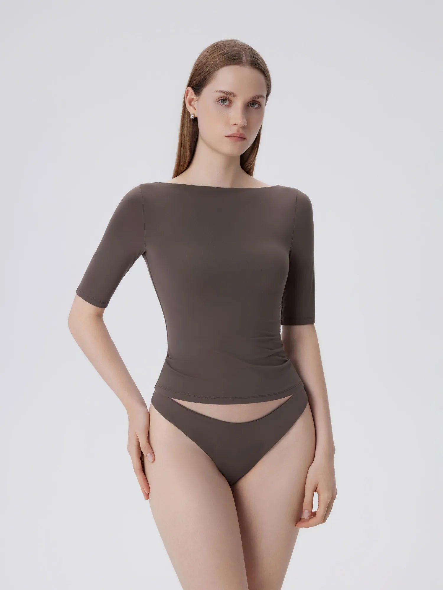 Tight Fitted Half Sleeve Boat Neck Shirt