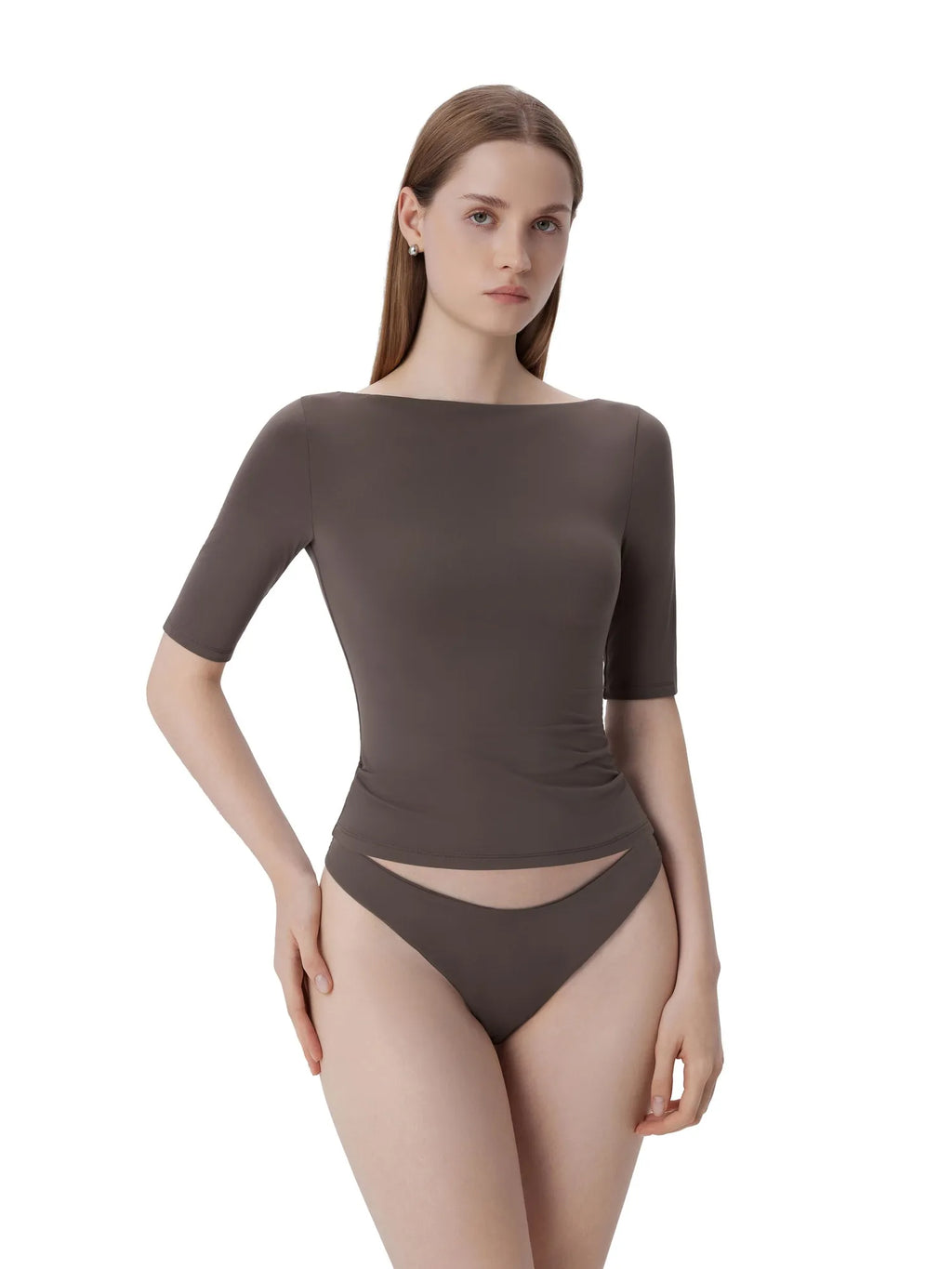 Tight Fitted Half Sleeve Boat Neck Shirt