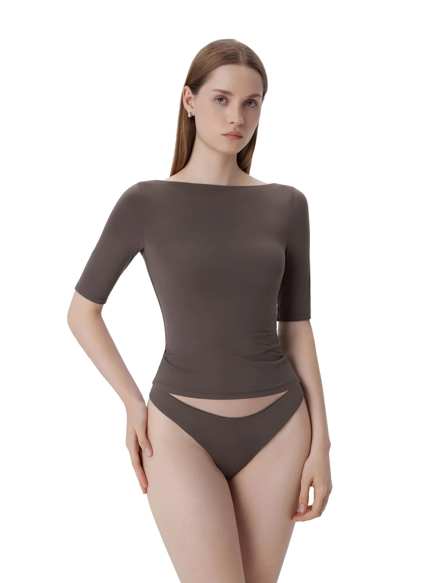 Tight Fitted Half Sleeve Boat Neck Shirt