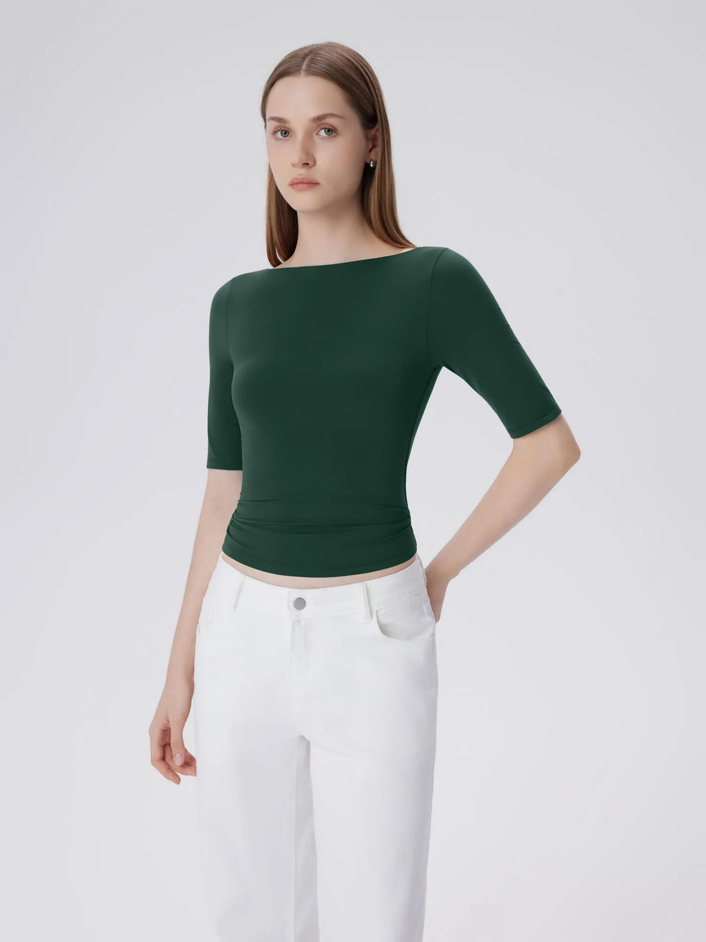 Tight Fitted Half Sleeve Boat Neck Shirt
