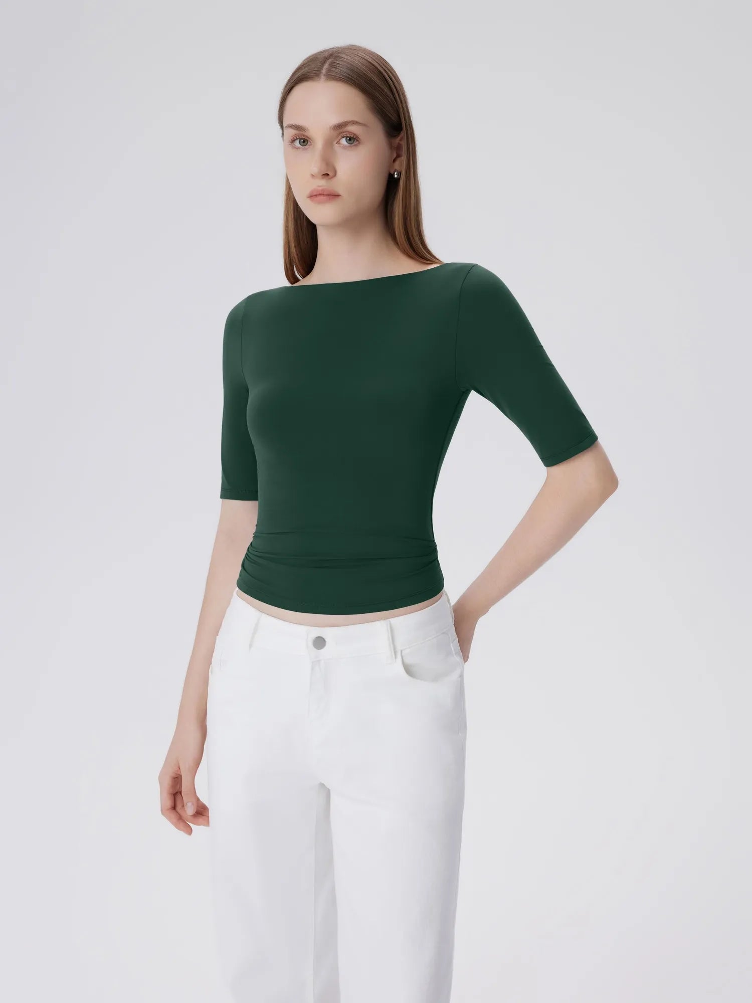Tight Fitted Half Sleeve Boat Neck Shirt