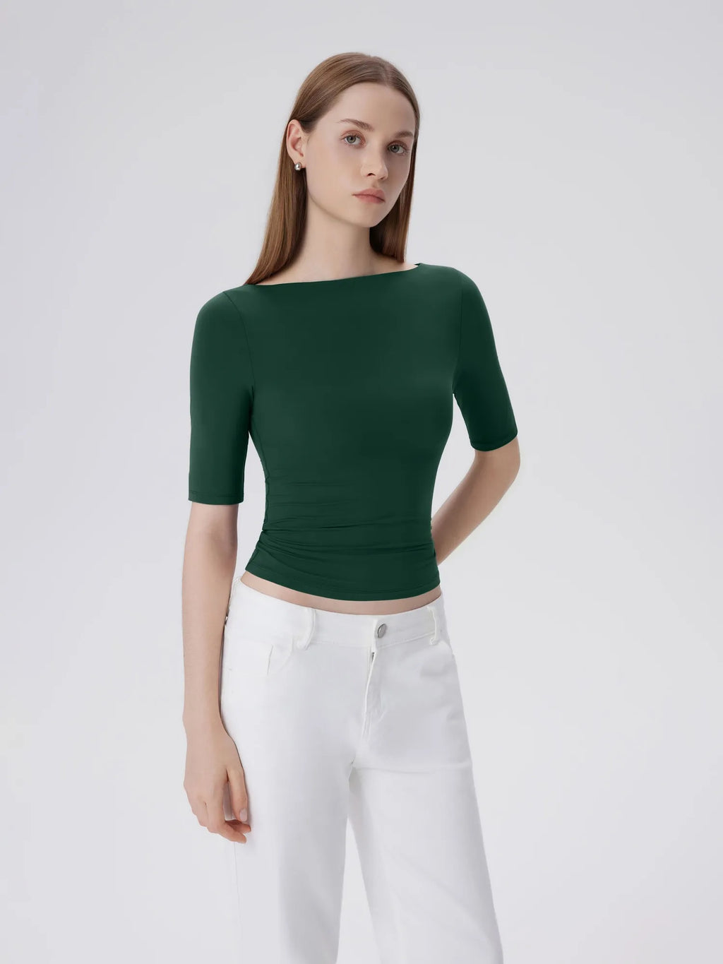 Tight Fitted Half Sleeve Boat Neck Shirt
