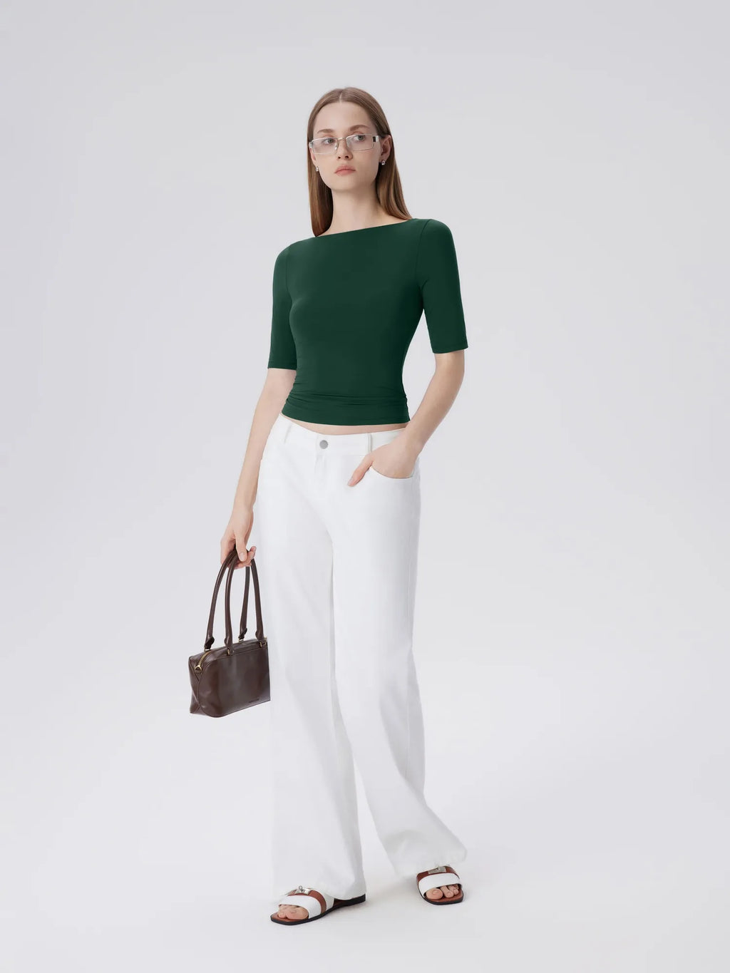 Tight Fitted Half Sleeve Boat Neck Shirt