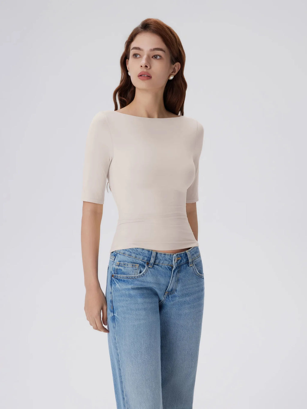Tight Fitted Half Sleeve Boat Neck Shirt