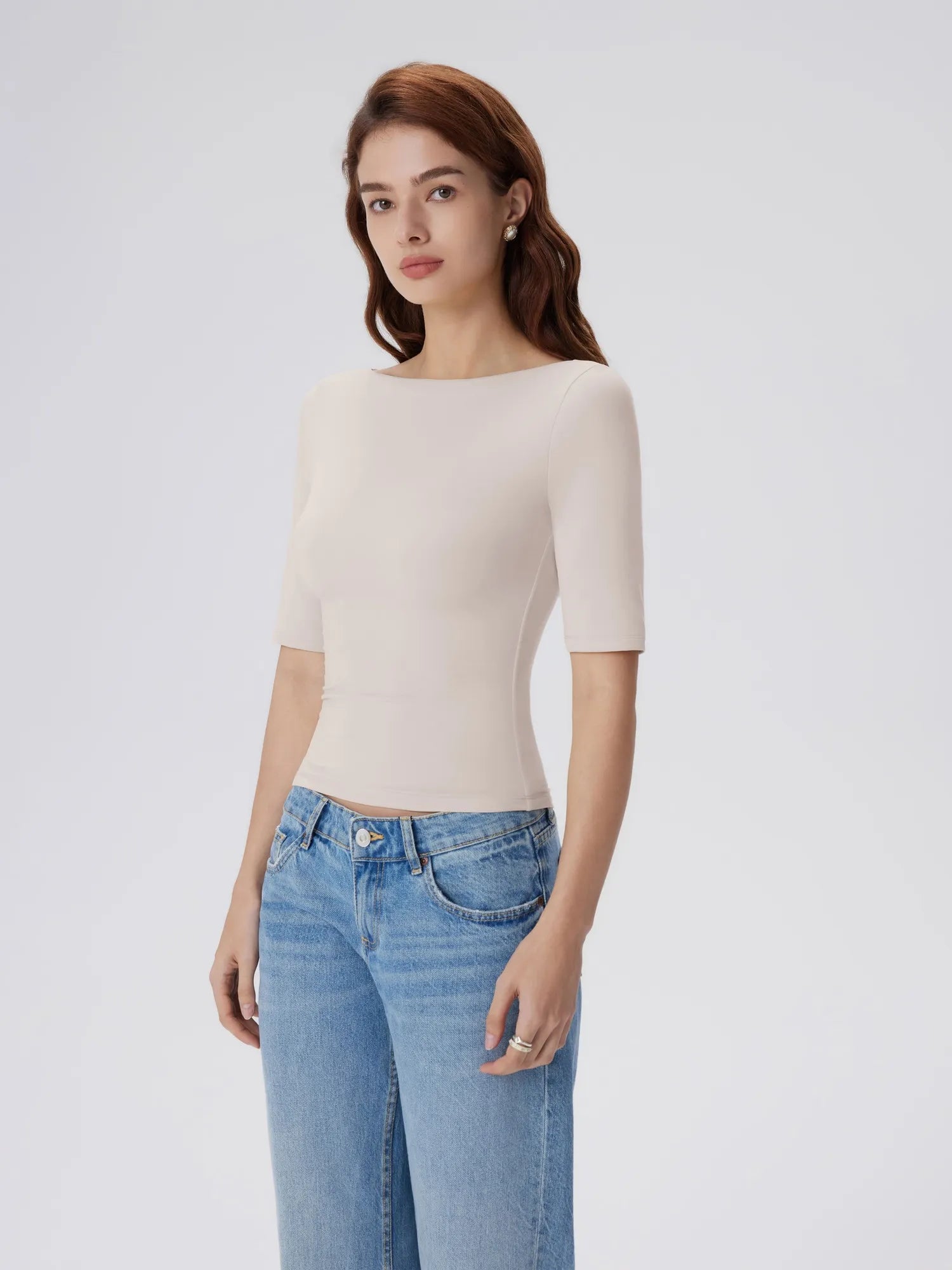 Tight Fitted Half Sleeve Boat Neck Shirt