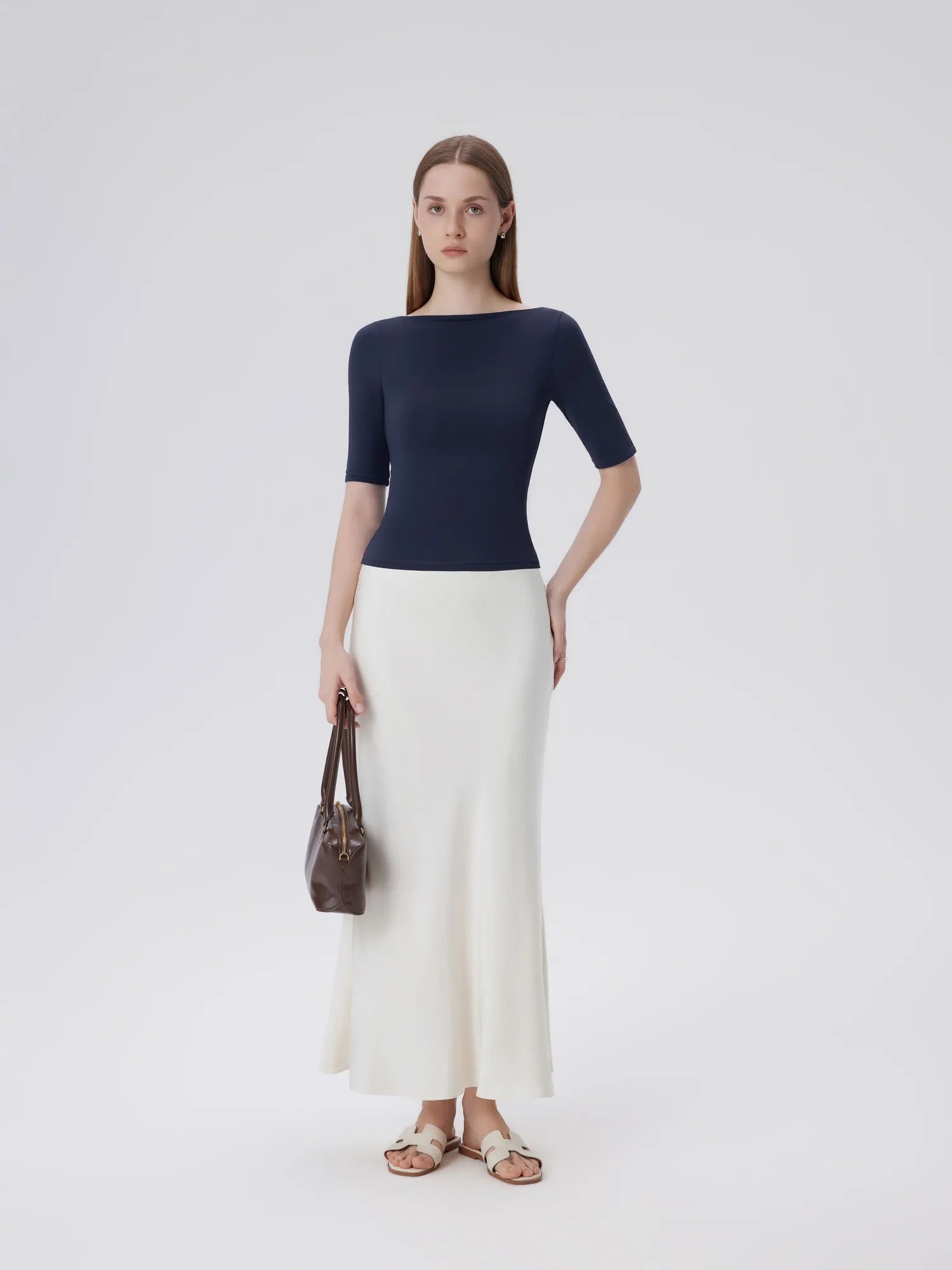 Tight Fitted Half Sleeve Boat Neck Shirt