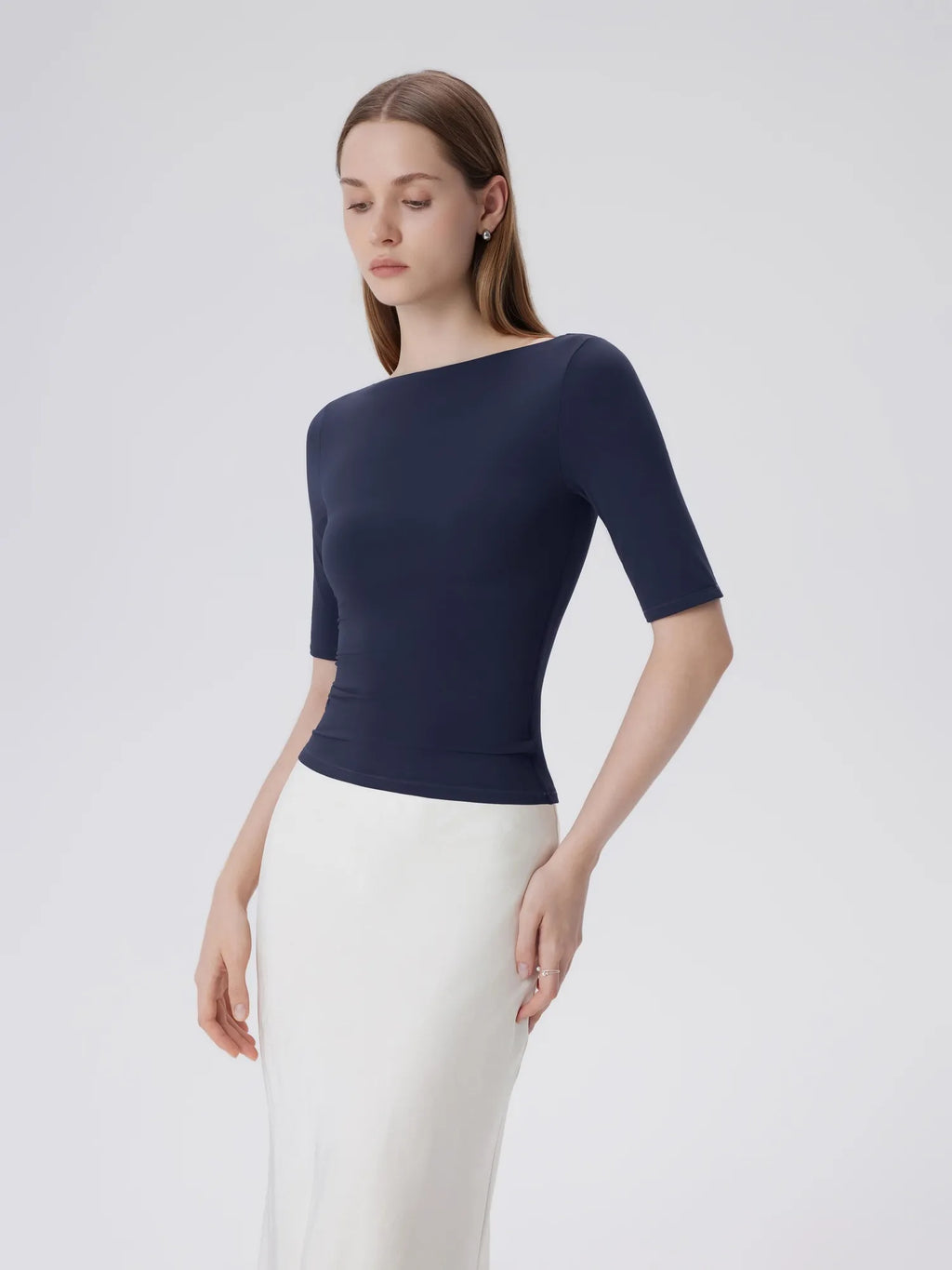 Tight Fitted Half Sleeve Boat Neck Shirt