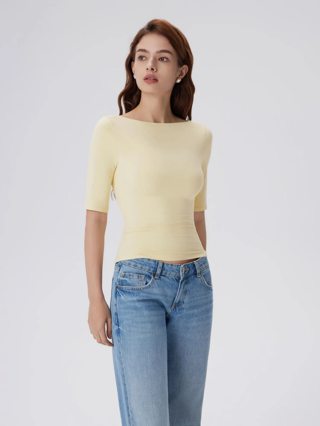 Tight Fitted Half Sleeve Boat Neck Shirt