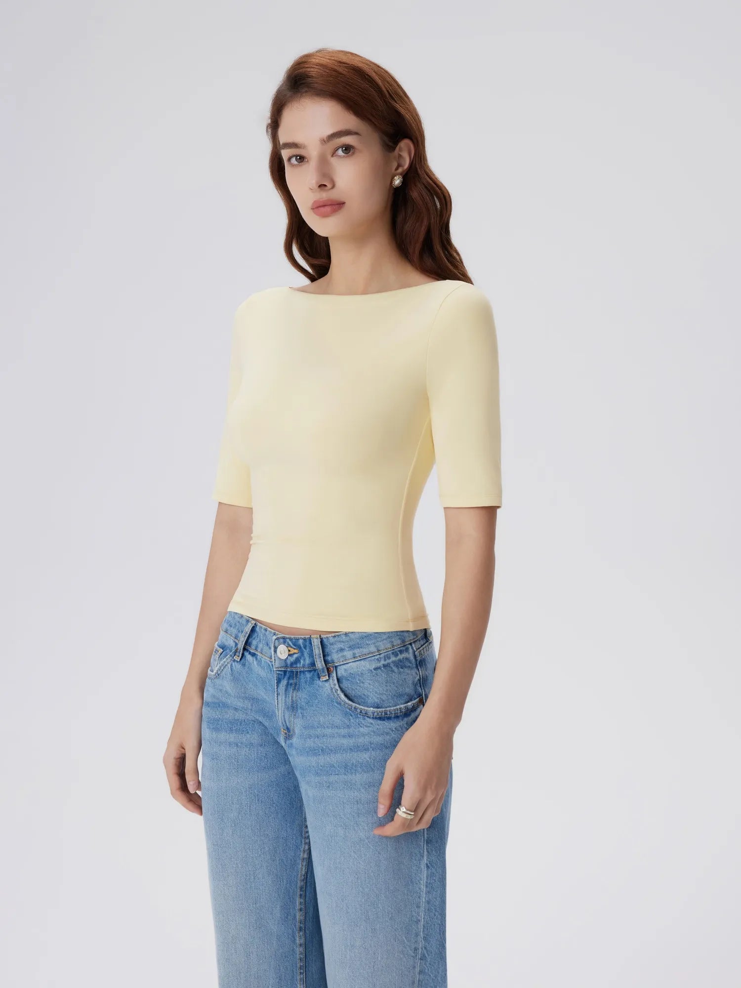 Tight Fitted Half Sleeve Boat Neck Shirt