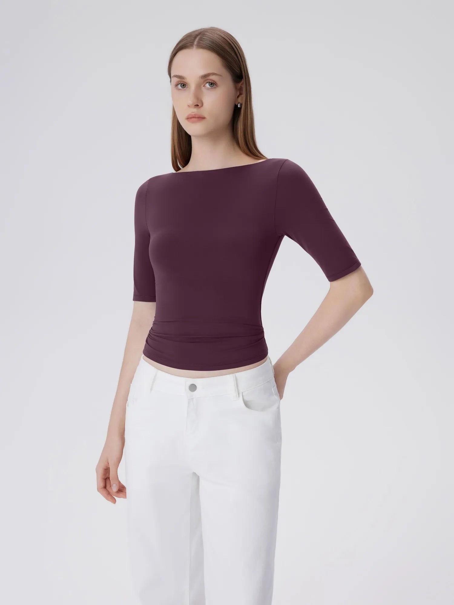 Tight Fitted Half Sleeve Boat Neck Shirt