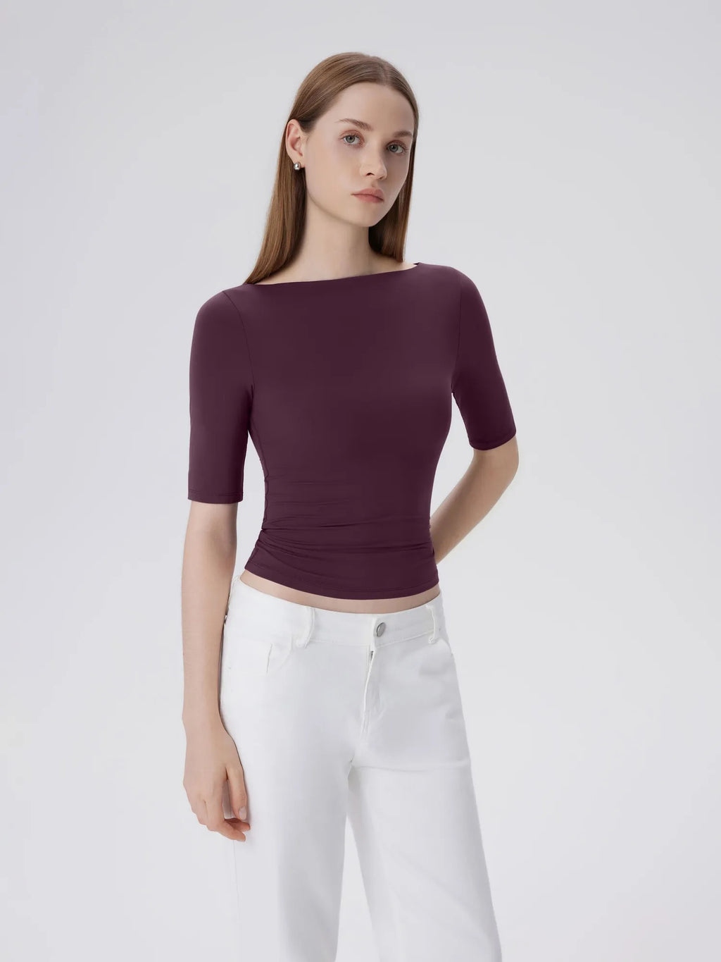 Tight Fitted Half Sleeve Boat Neck Shirt
