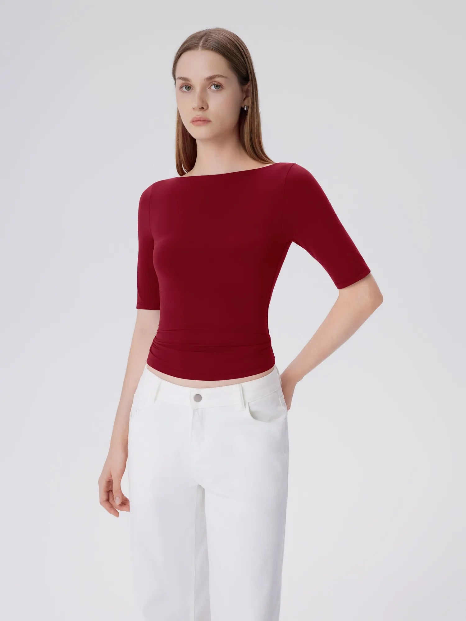 Tight Fitted Half Sleeve Boat Neck Shirt