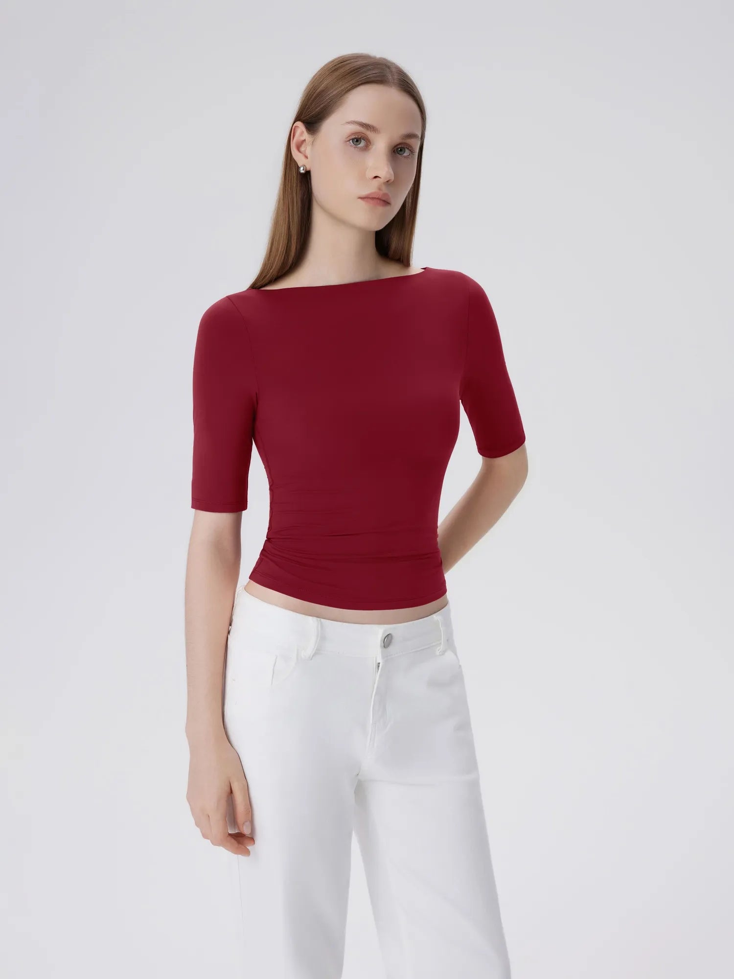 Tight Fitted Half Sleeve Boat Neck Shirt