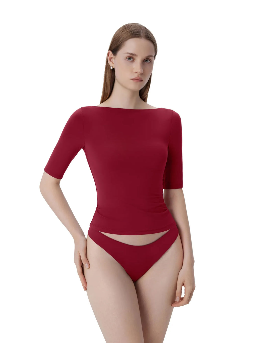 Tight Fitted Half Sleeve Boat Neck Shirt