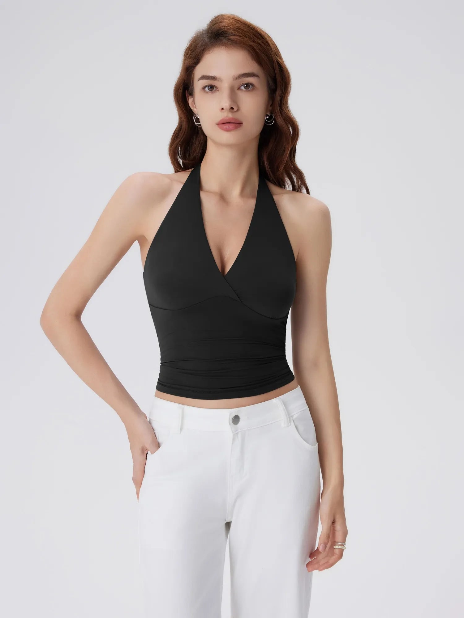 Double Lined V Neck Halter Backless Tank Tops