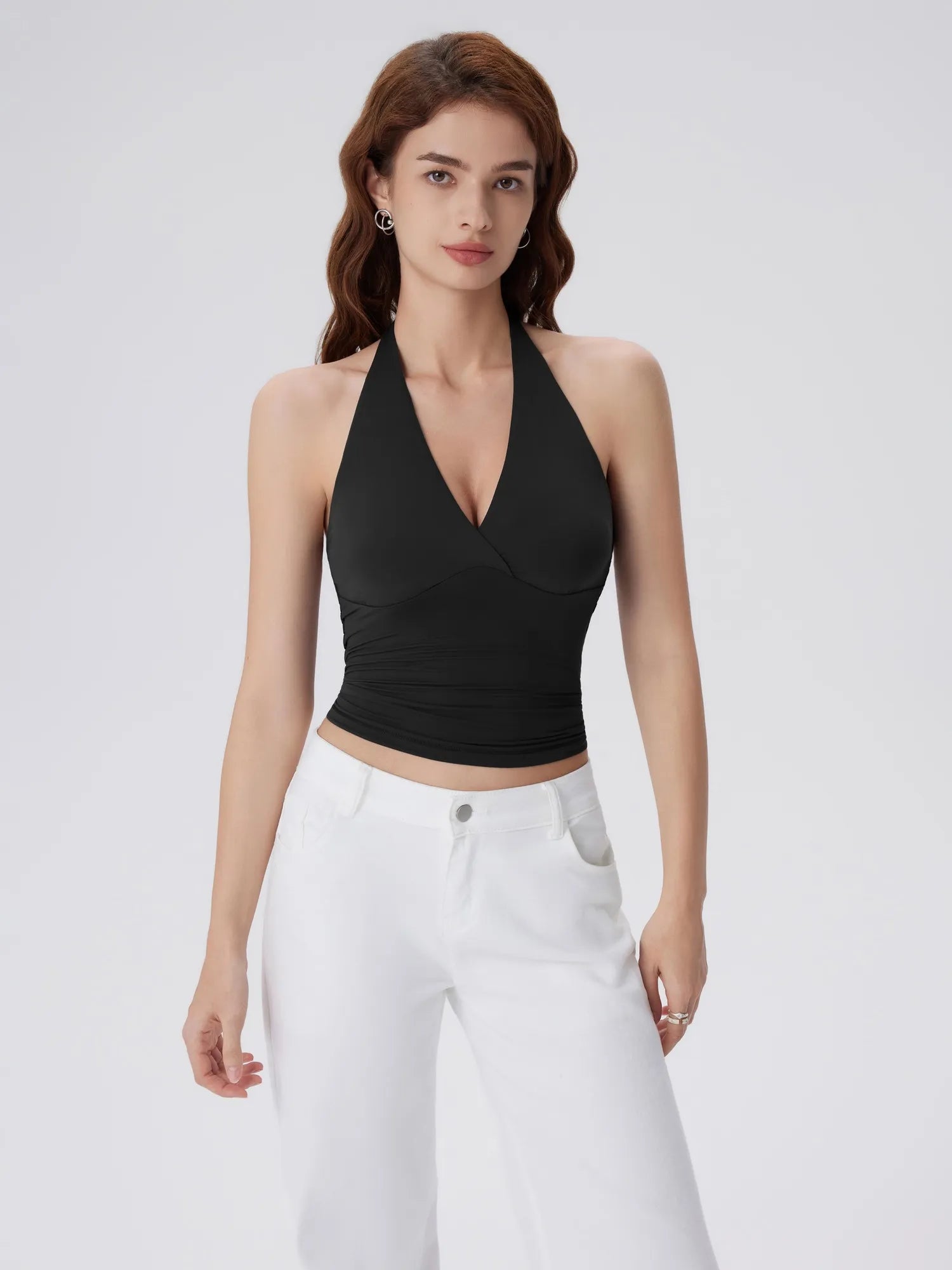 Double Lined V Neck Halter Backless Tank Tops
