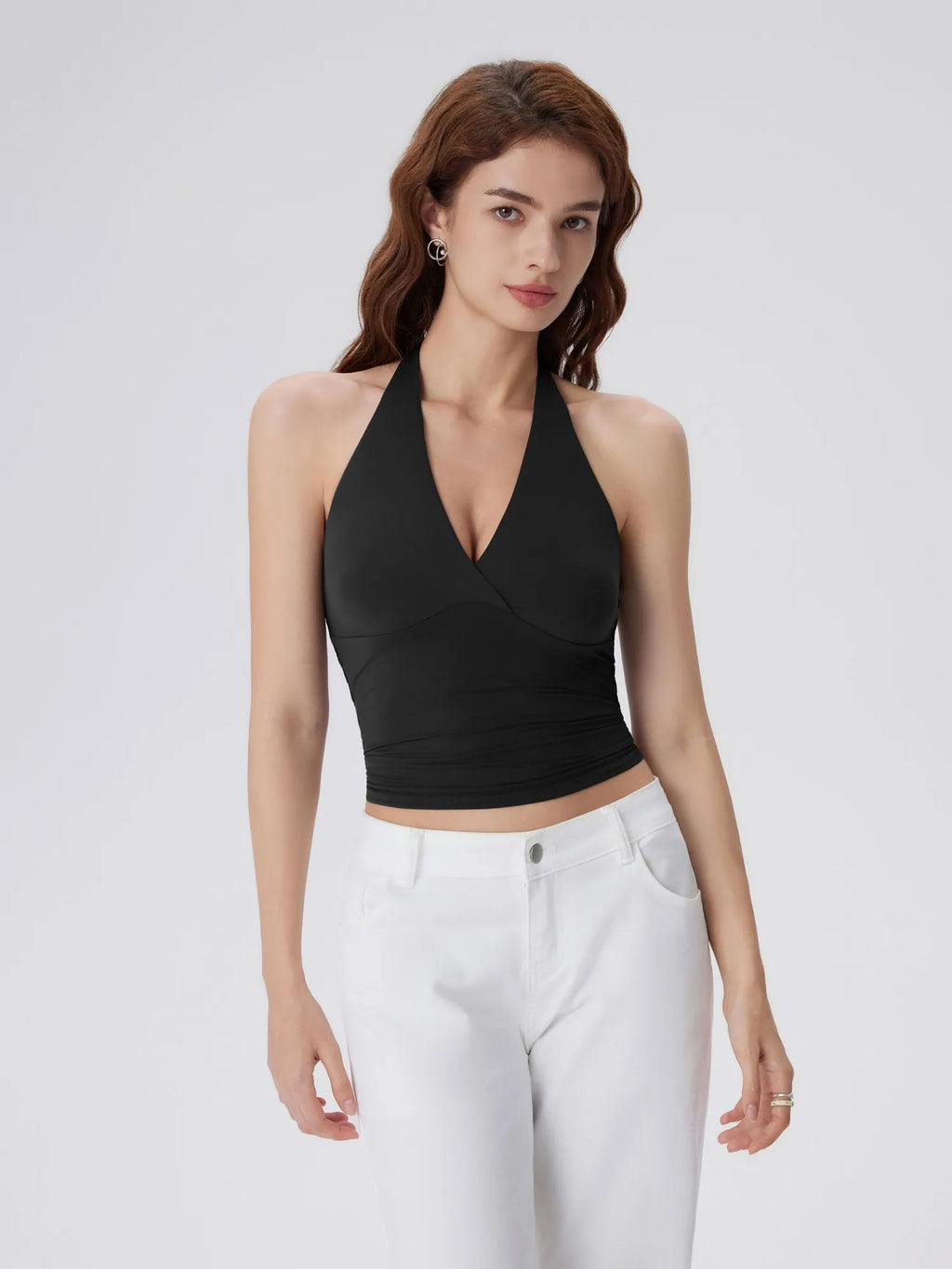 Double Lined V Neck Halter Backless Tank Tops