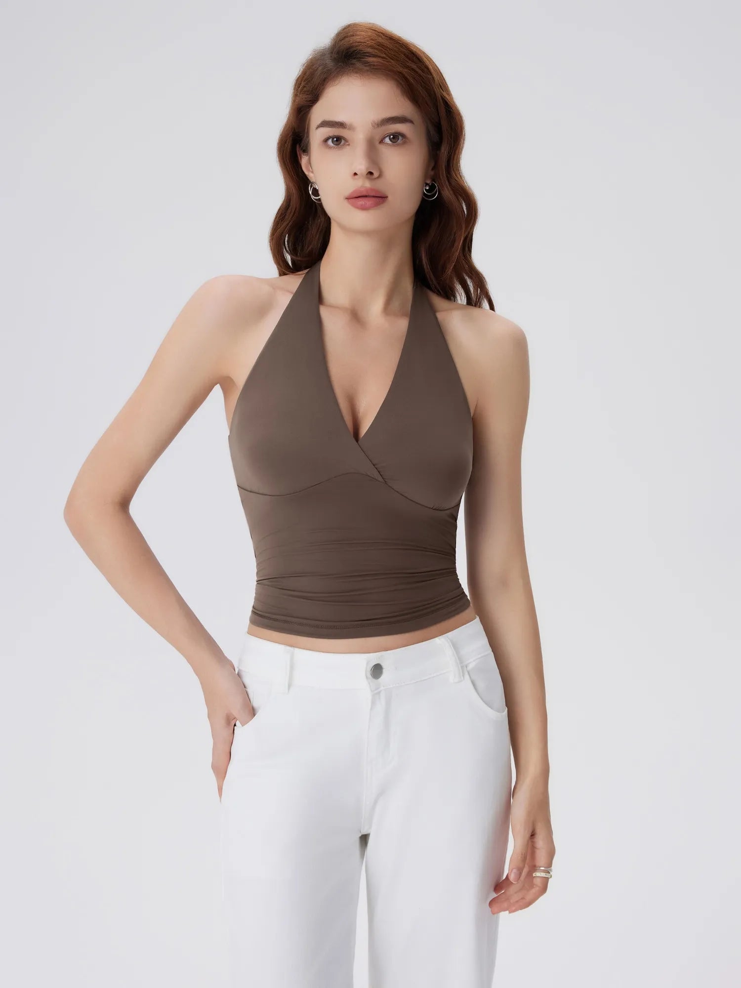 Double Lined V Neck Halter Backless Tank Tops