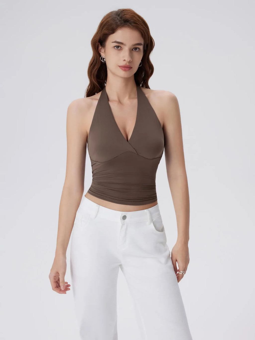 Double Lined V Neck Halter Backless Tank Tops
