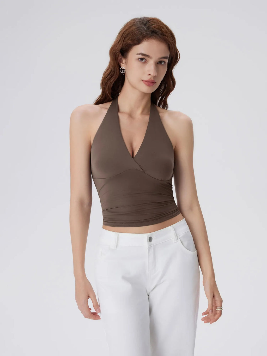Double Lined V Neck Halter Backless Tank Tops