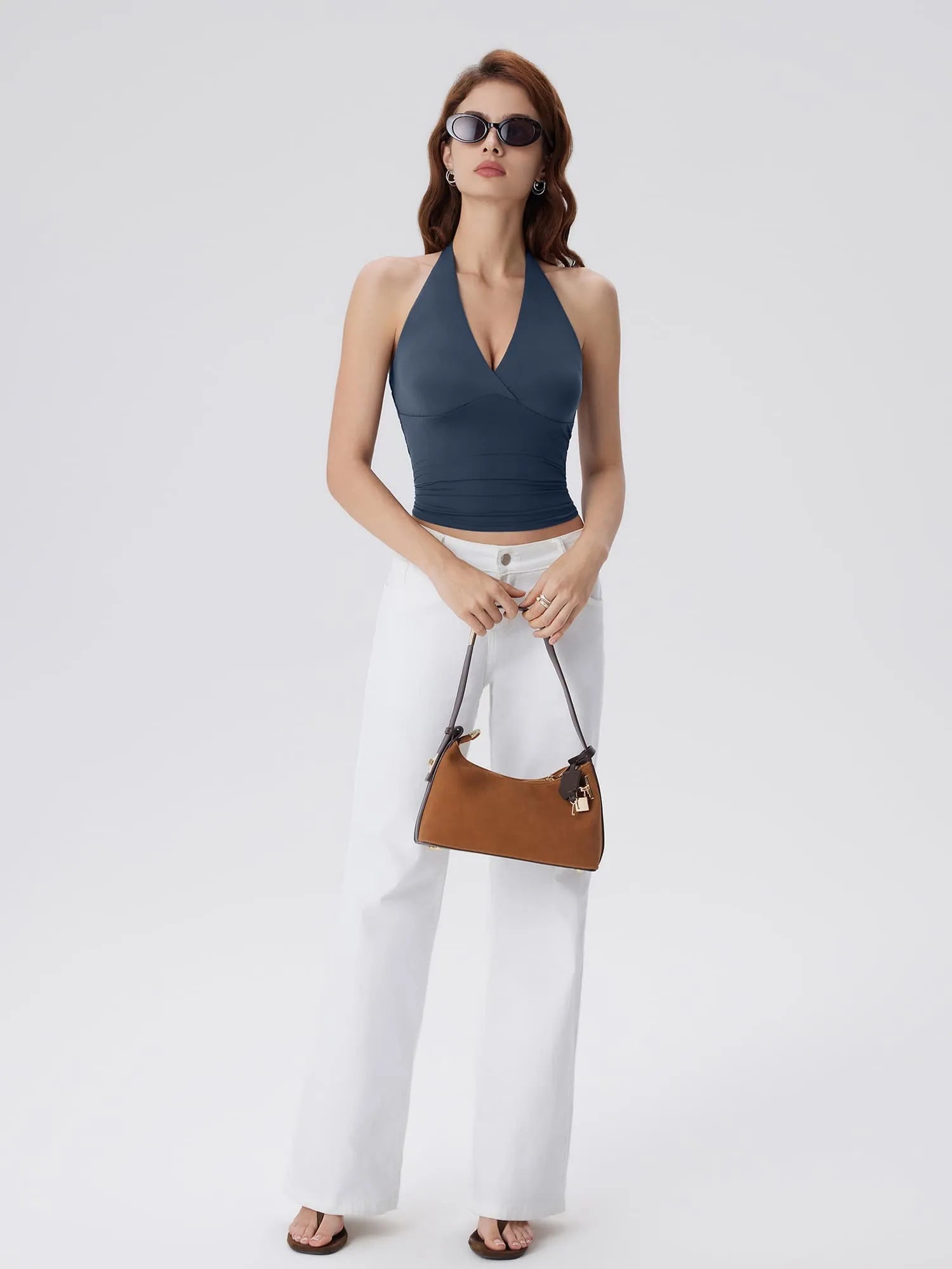 Double Lined V Neck Halter Backless Tank Tops