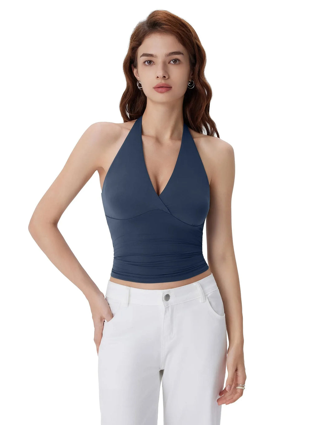 Double Lined V Neck Halter Backless Tank Tops