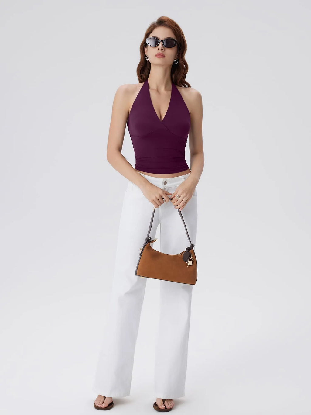 Double Lined V Neck Halter Backless Tank Tops