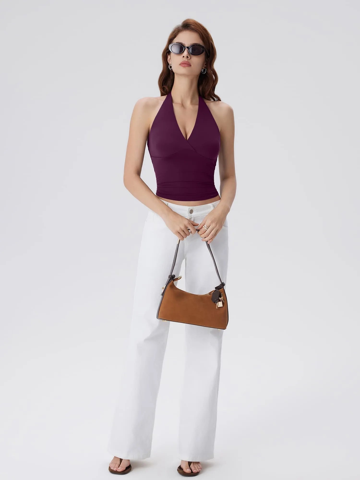 Double Lined V Neck Halter Backless Tank Tops
