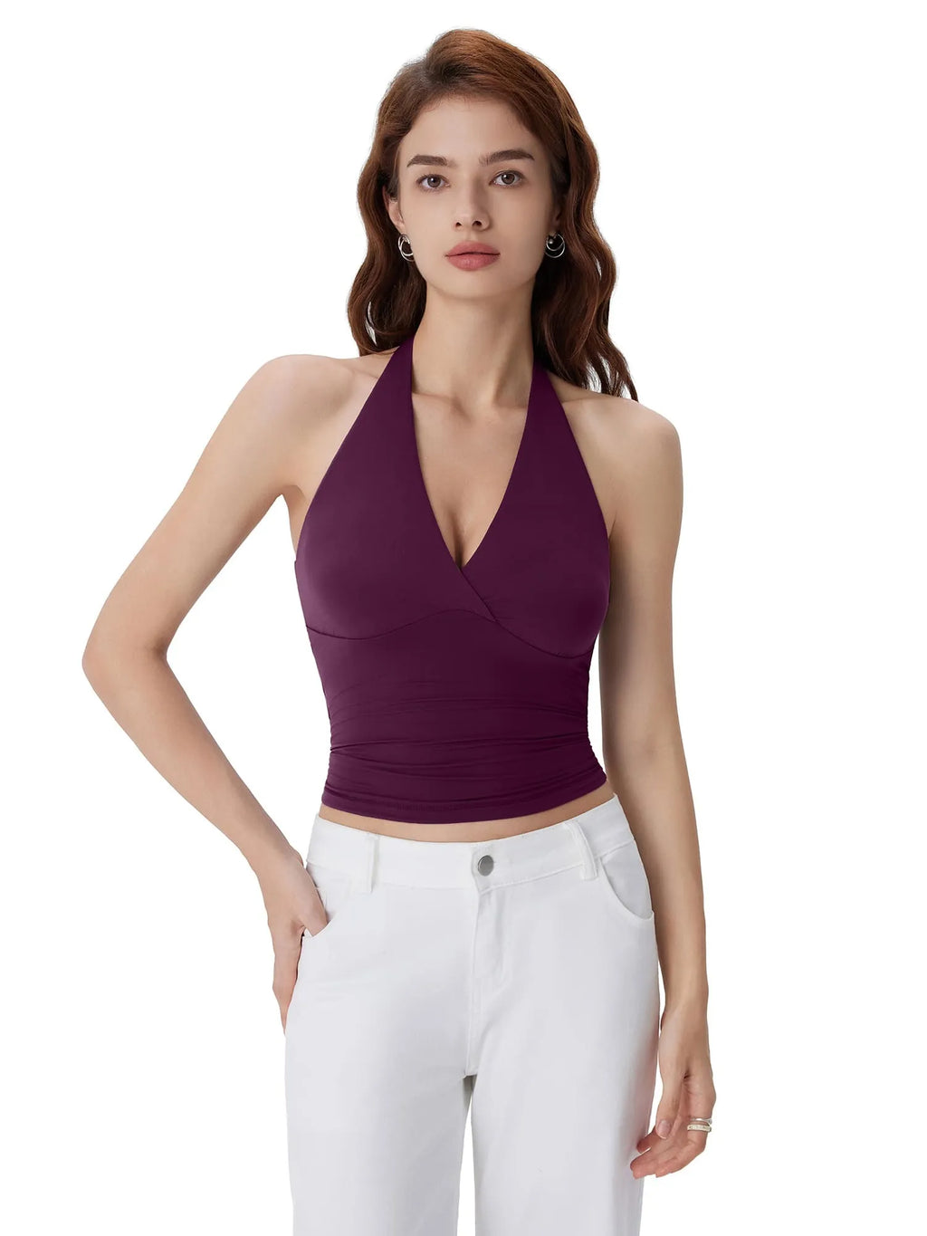 Double Lined V Neck Halter Backless Tank Tops