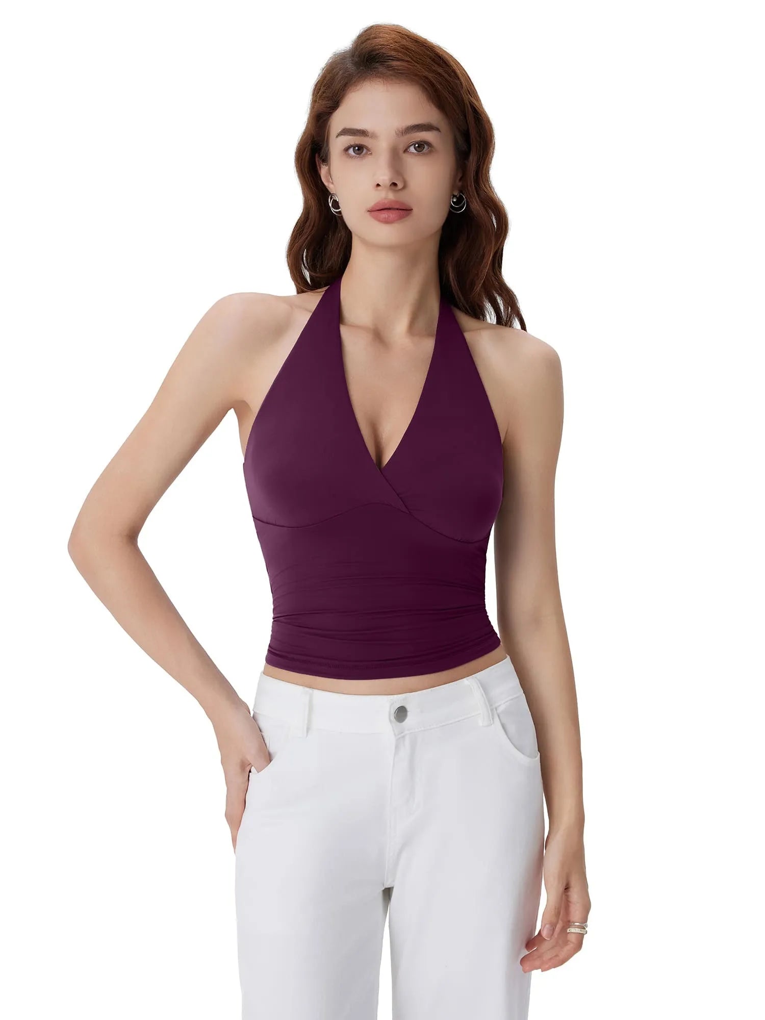 Double Lined V Neck Halter Backless Tank Tops