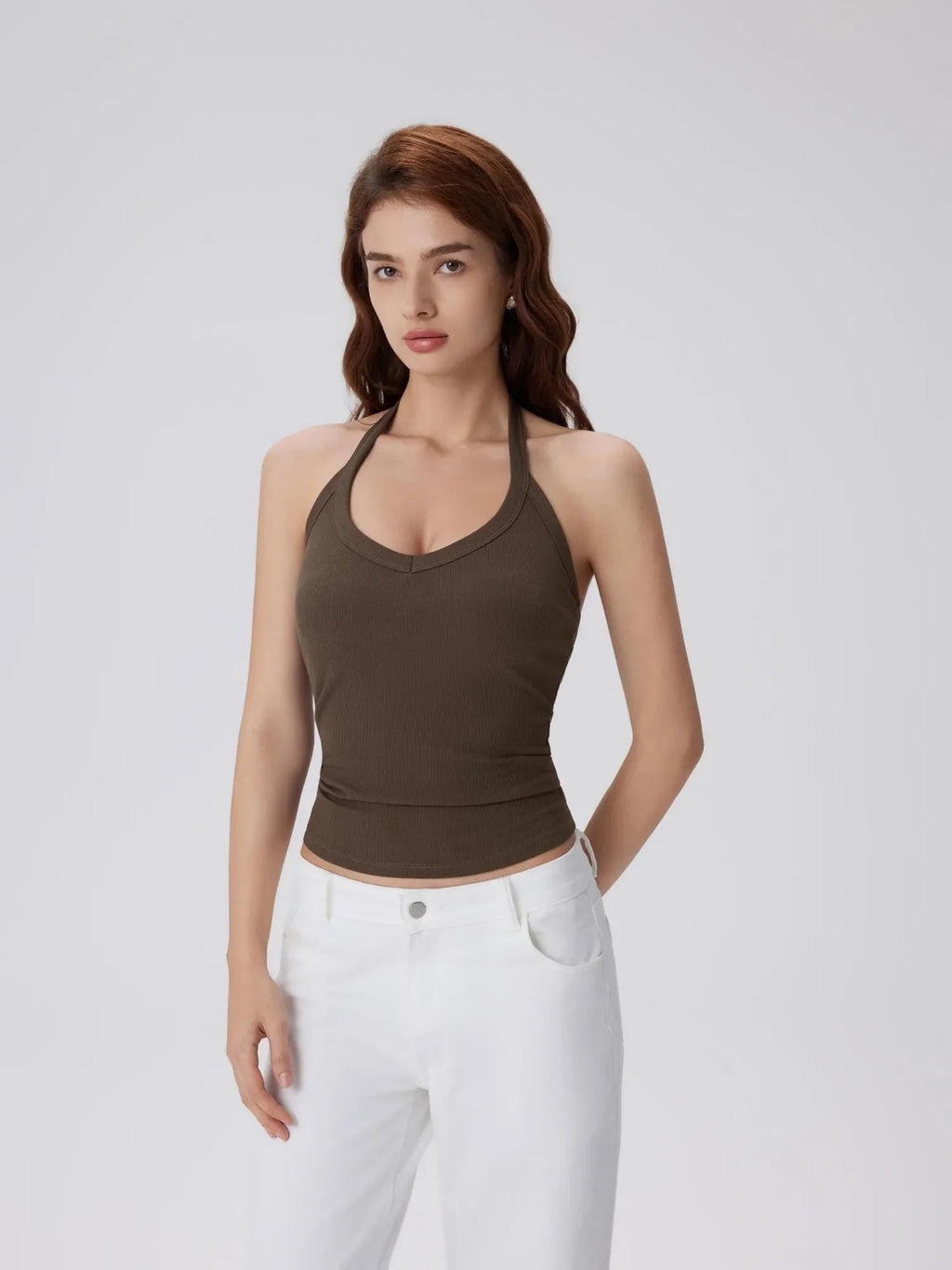 Cotton Ribbed V Neck Halter Tank Top