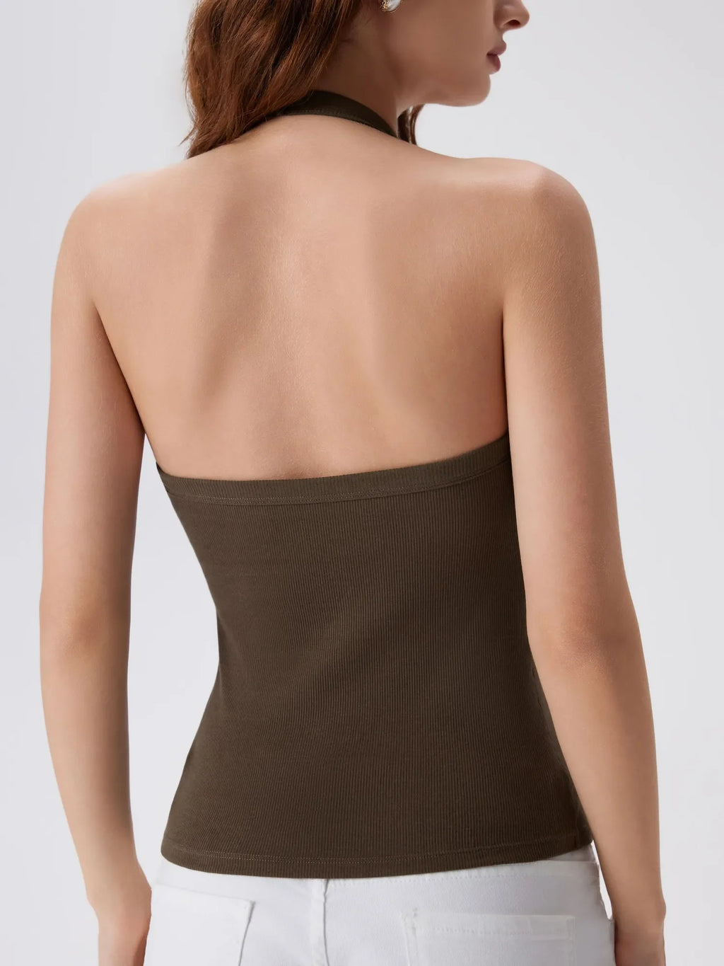 Cotton Ribbed V Neck Halter Tank Top