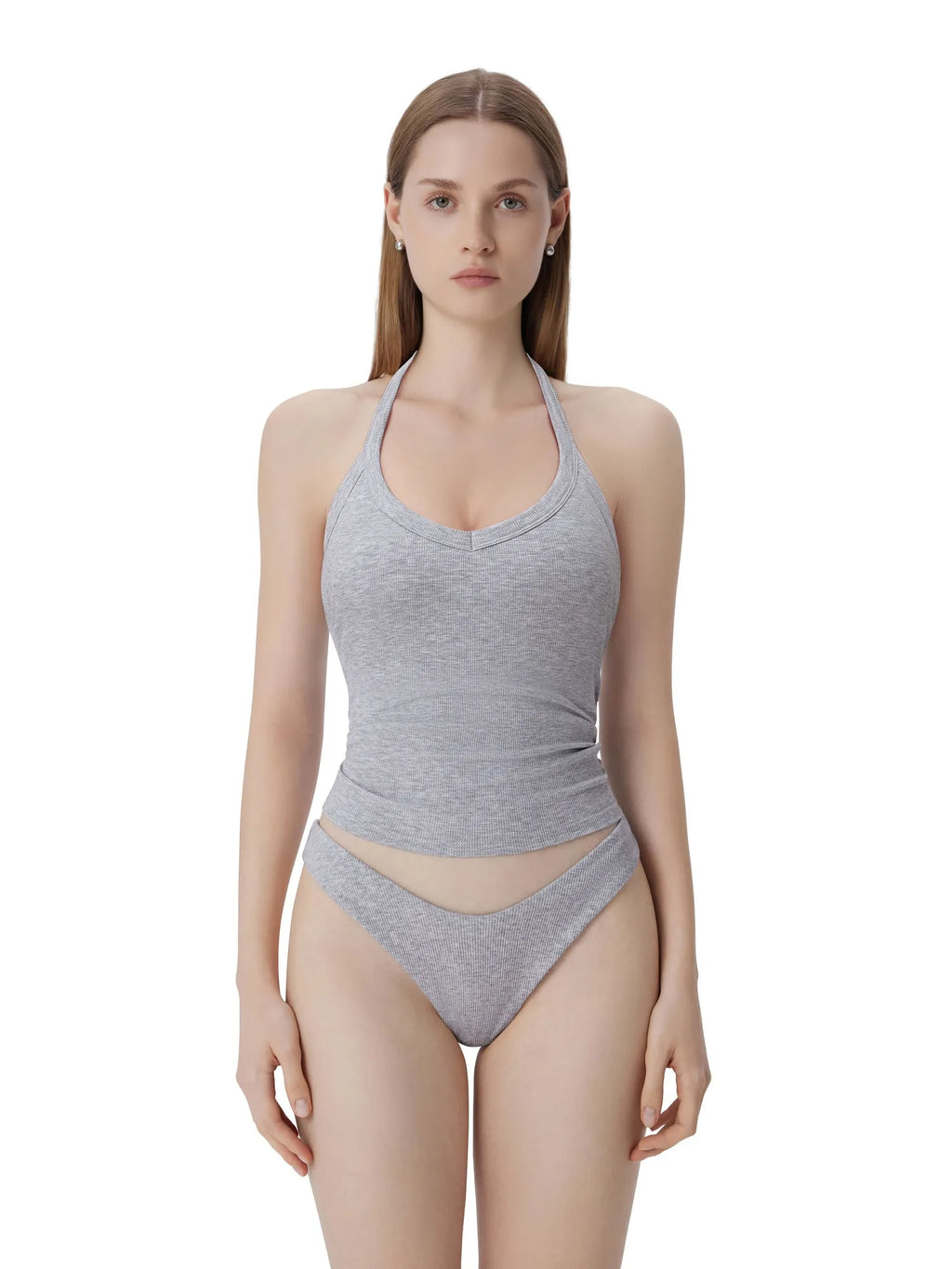 Cotton Ribbed V Neck Halter Tank Top
