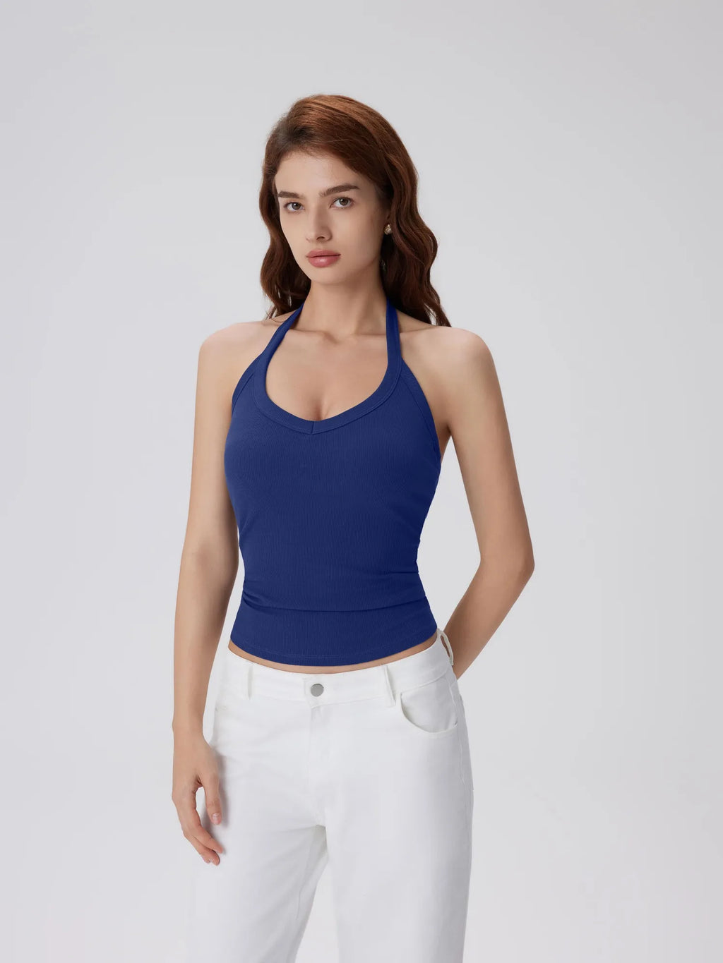 Cotton Ribbed V Neck Halter Tank Top
