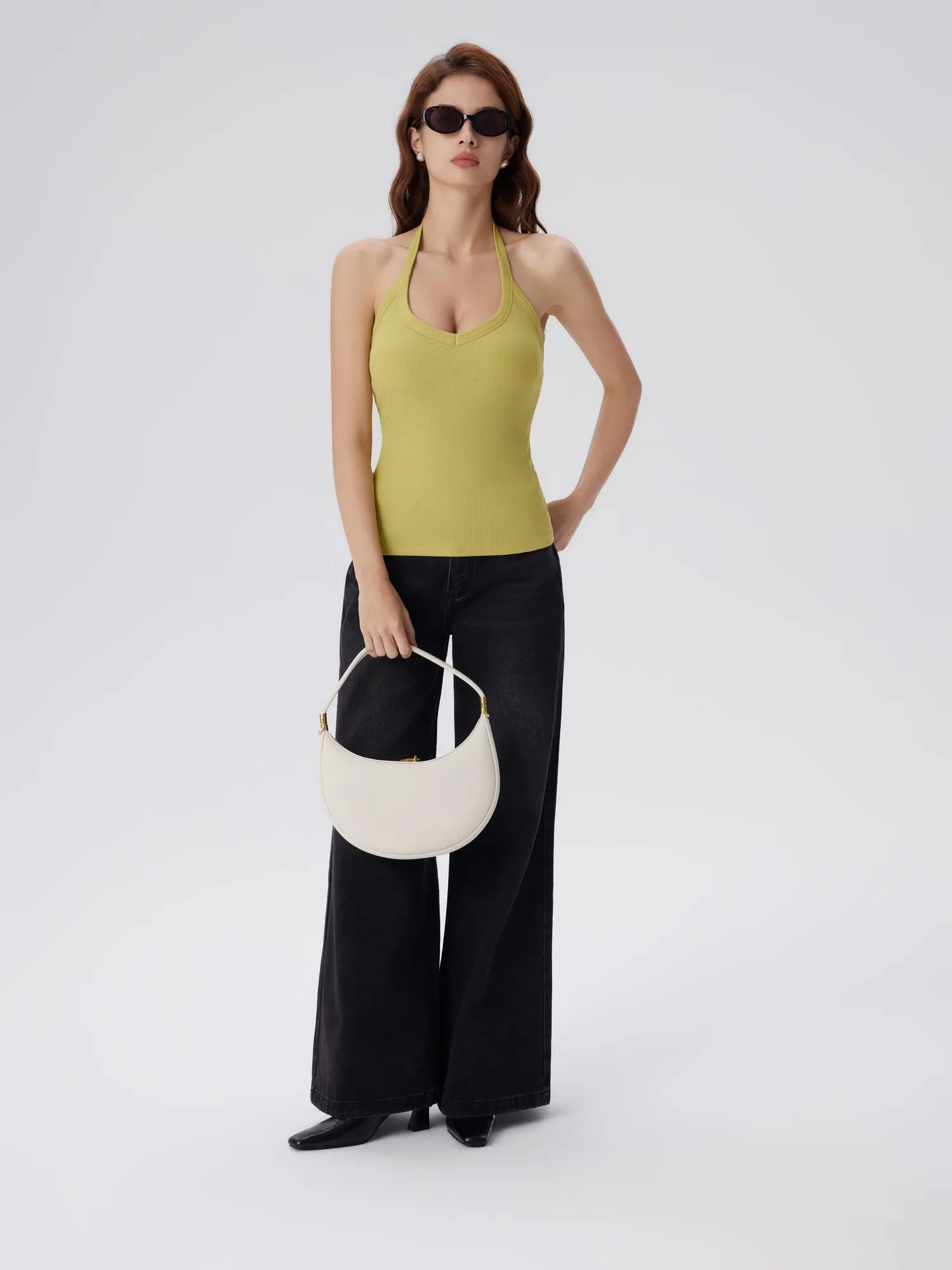 Cotton Ribbed V Neck Halter Tank Top