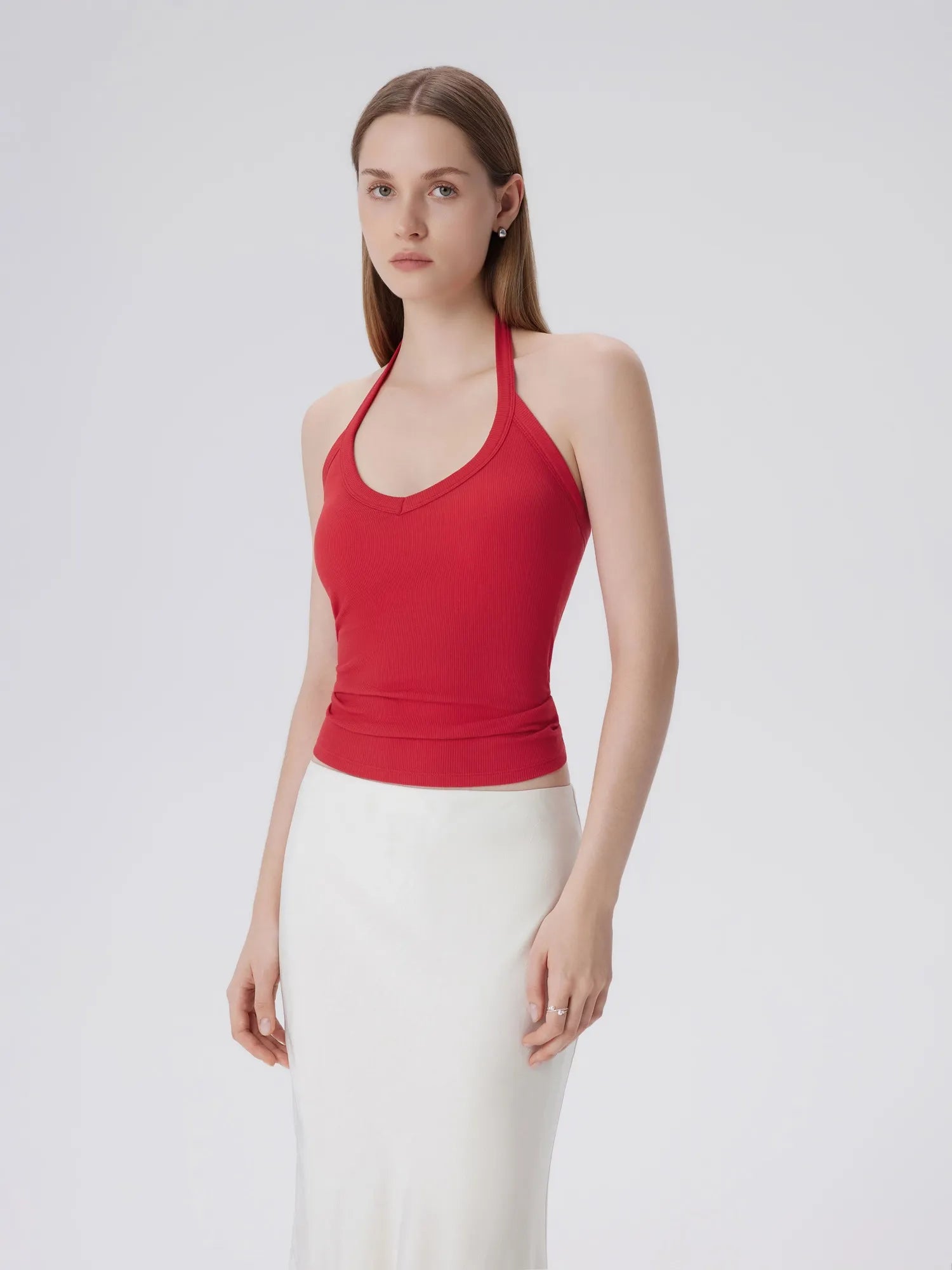 Cotton Ribbed V Neck Halter Tank Top
