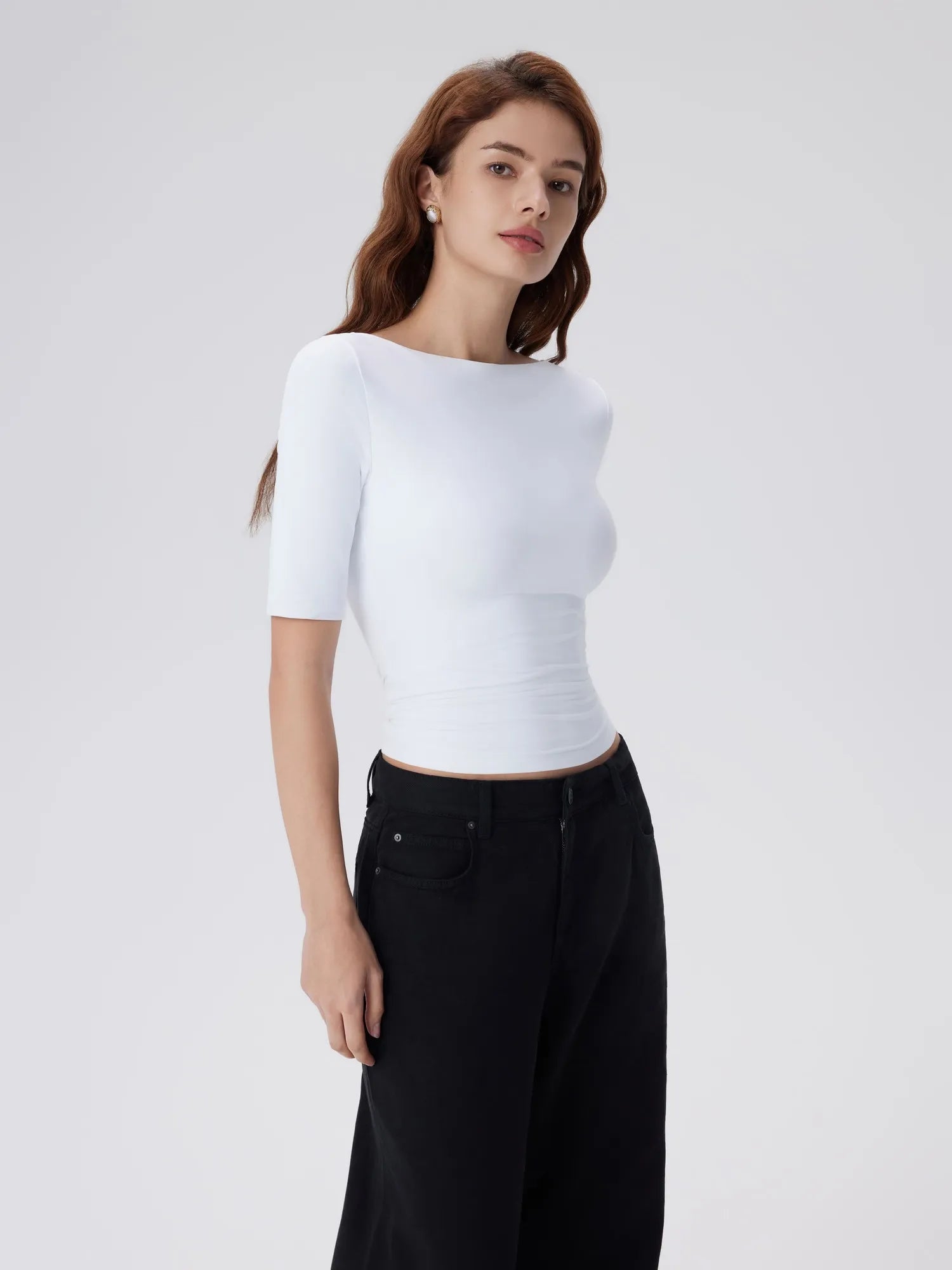 Tight Fitted Half Sleeve Boat Neck Shirt