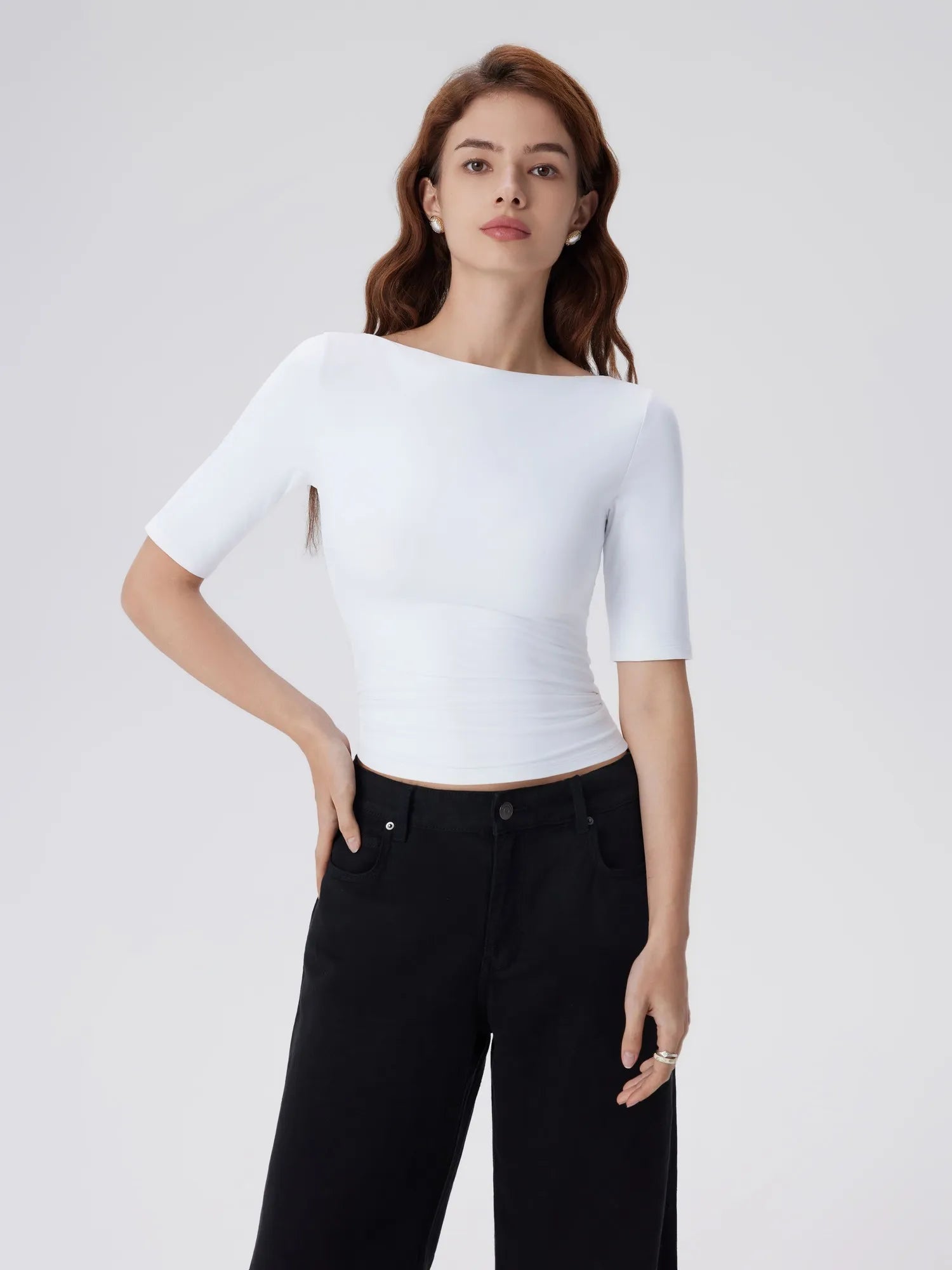 Tight Fitted Half Sleeve Boat Neck Shirt