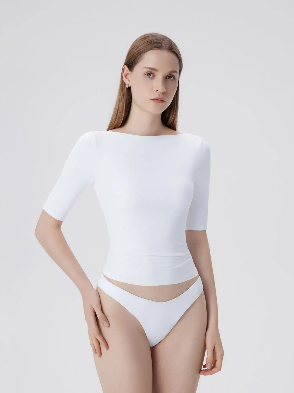 Tight Fitted Half Sleeve Boat Neck Shirt