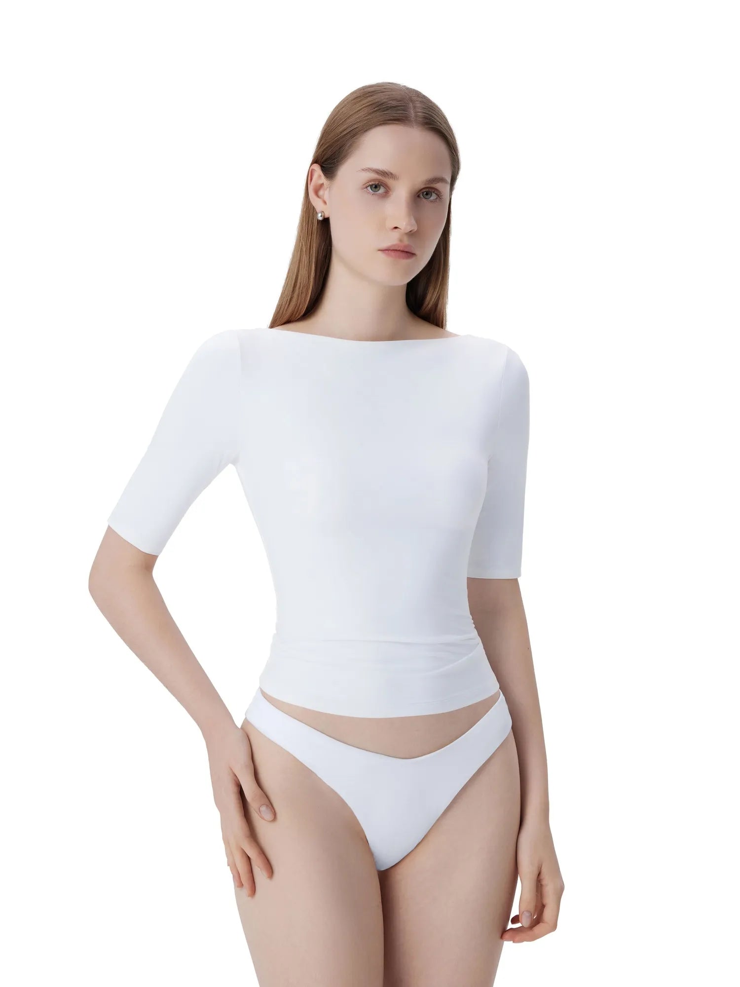 Tight Fitted Half Sleeve Boat Neck Shirt