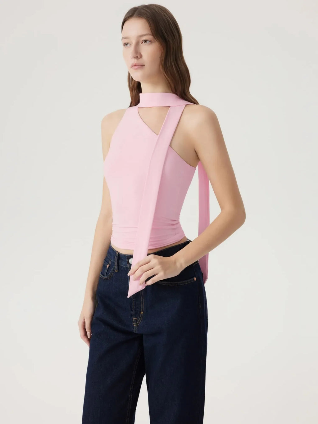 Off Shoulder Halter High Neck Tank Tops with Scarf