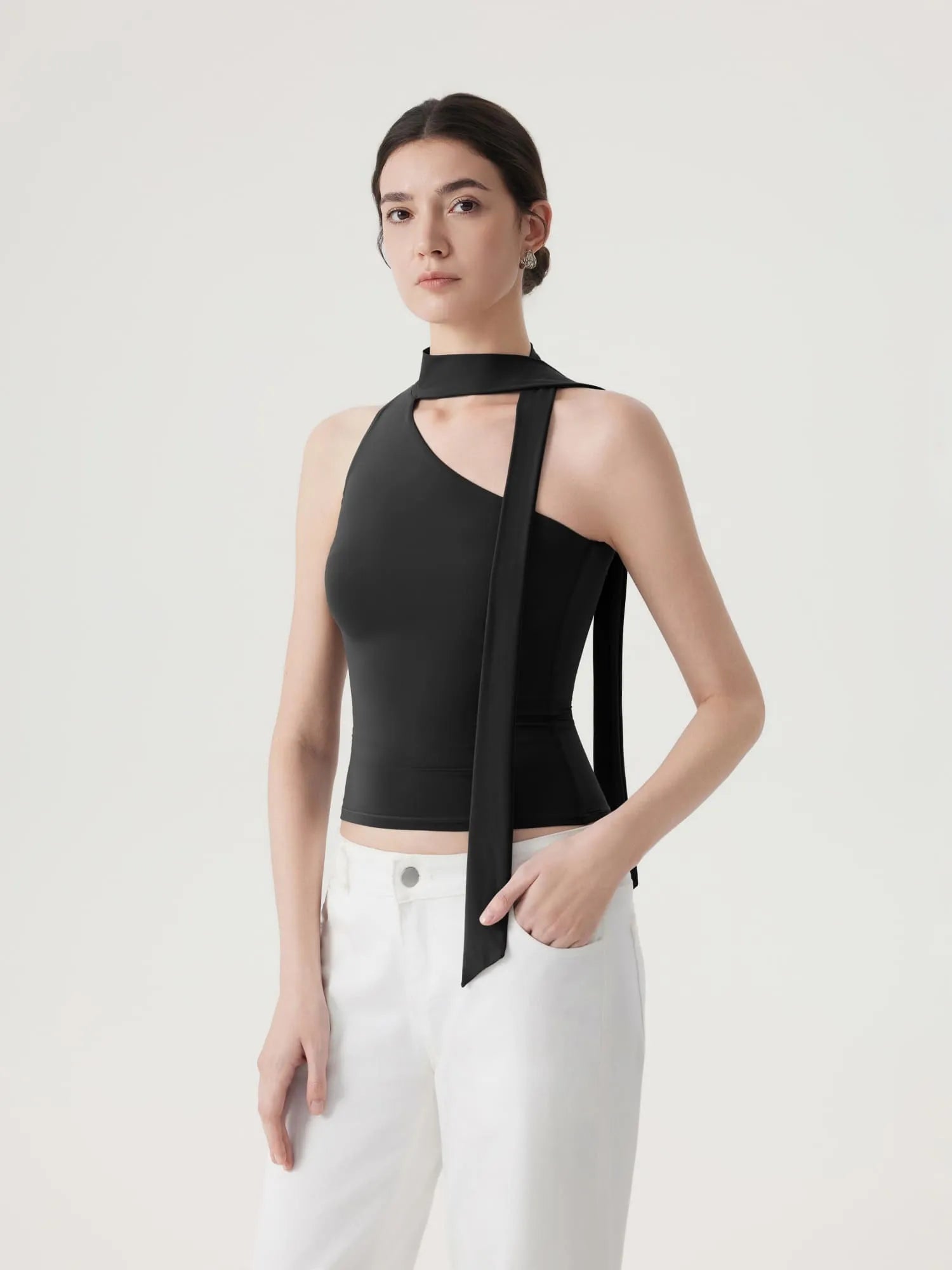 Off Shoulder Halter High Neck Tank Tops with Scarf