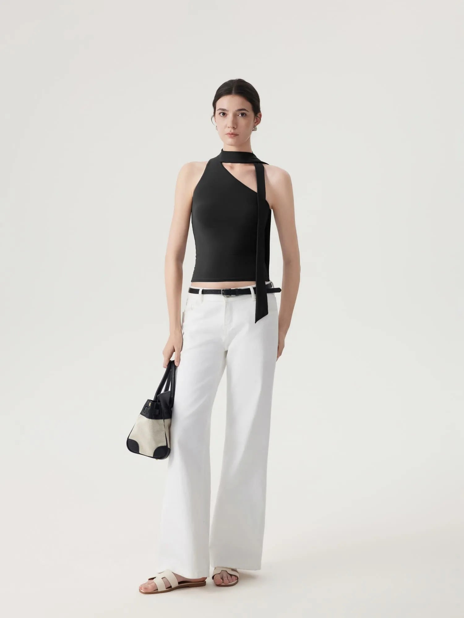 Off Shoulder Halter High Neck Tank Tops with Scarf