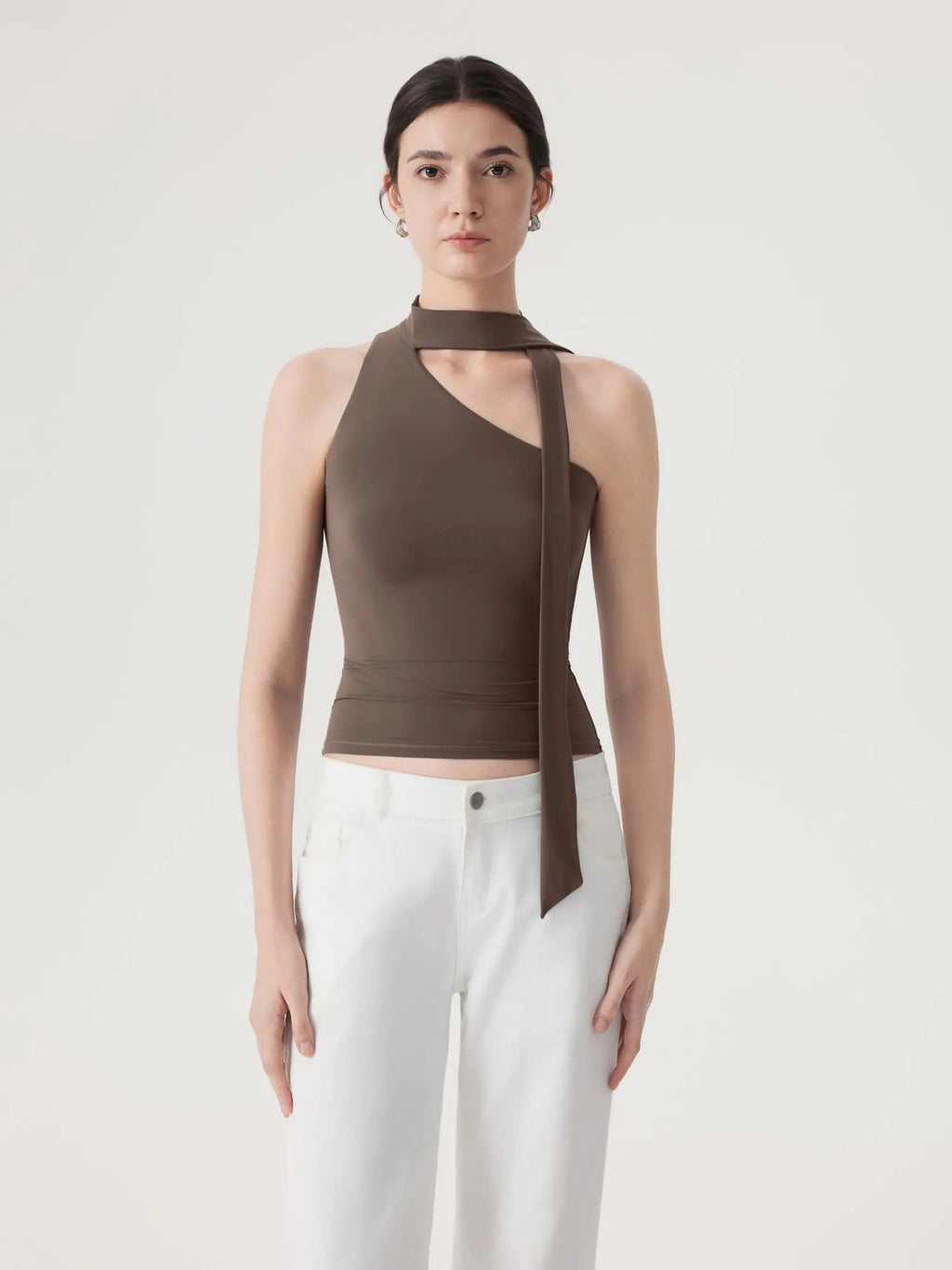 Off Shoulder Halter High Neck Tank Tops with Scarf