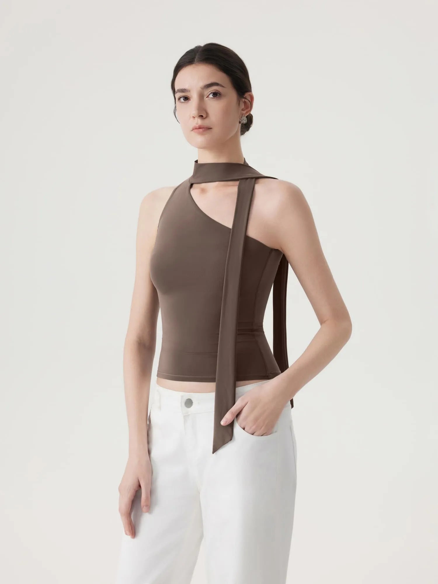 Off Shoulder Halter High Neck Tank Tops with Scarf
